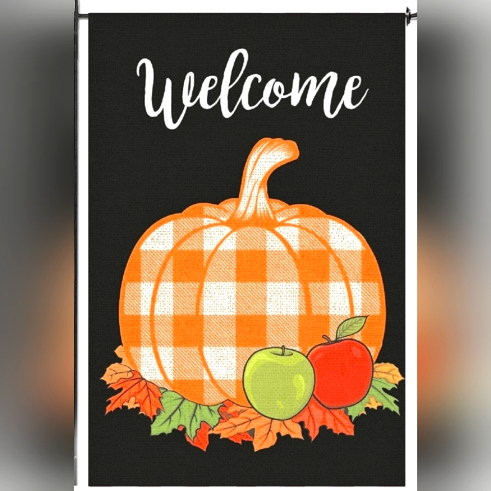 NEW Thick Double-sided Fall Welcome Garden Flag-orange buffalo plaid pumpkin
